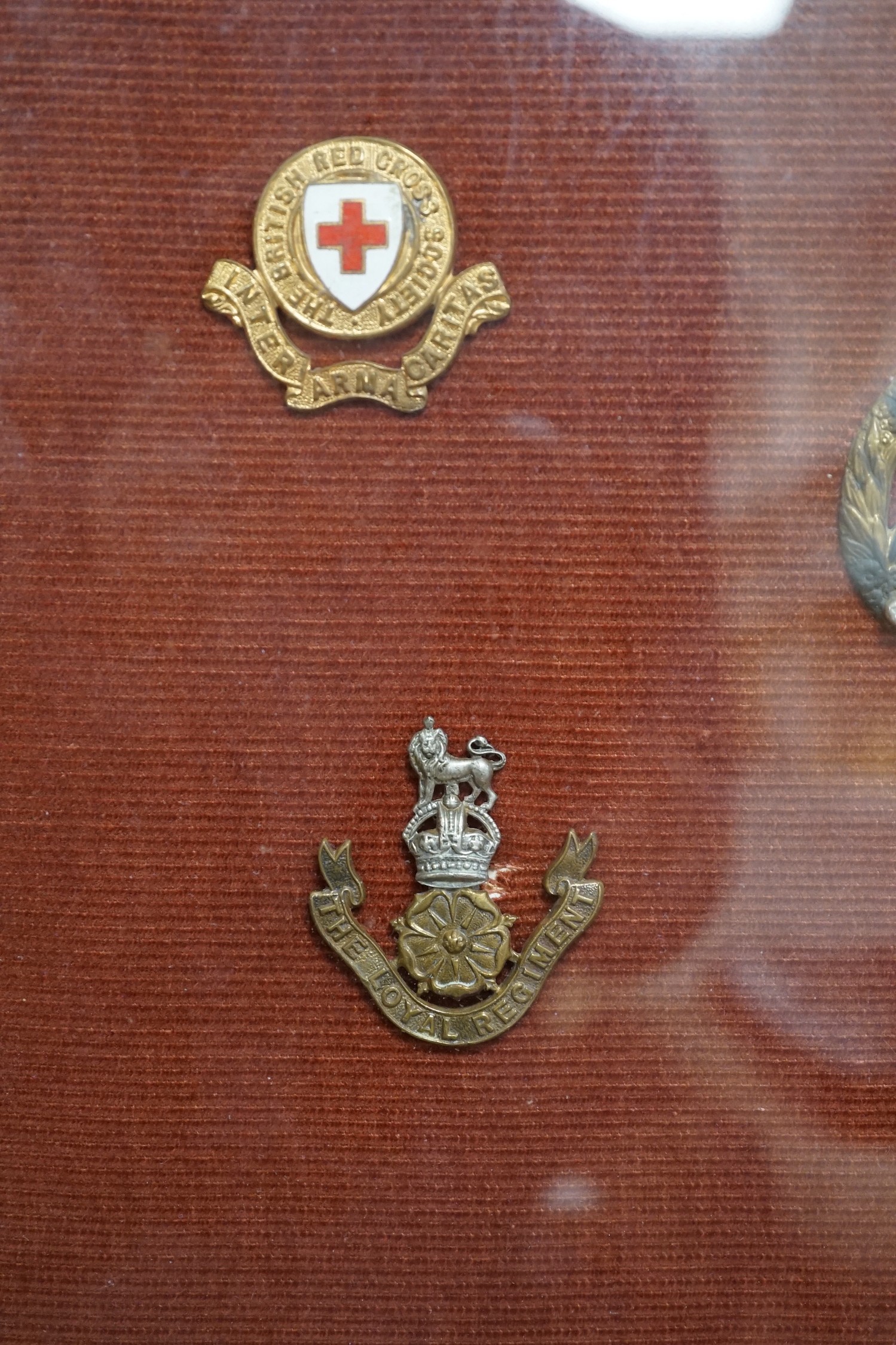 A framed collection of military cap Badges
